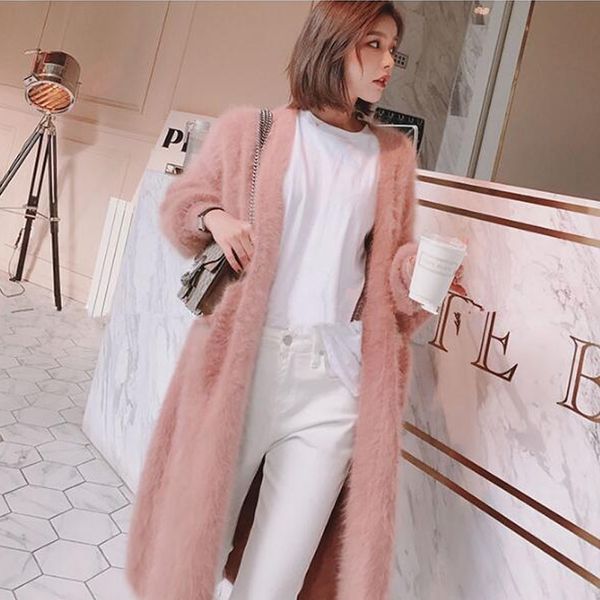 

autumn winter women's angora rabbit cardigans long sweater looser pearl button pocket thick warm mink cashmere cardigans lj201112, White;black