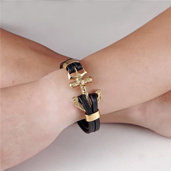 

mkendn new arrival mens bracelets gold angel stainless steel skull shackles black leather bracelet men wristband fashion jewelry wmtdsy