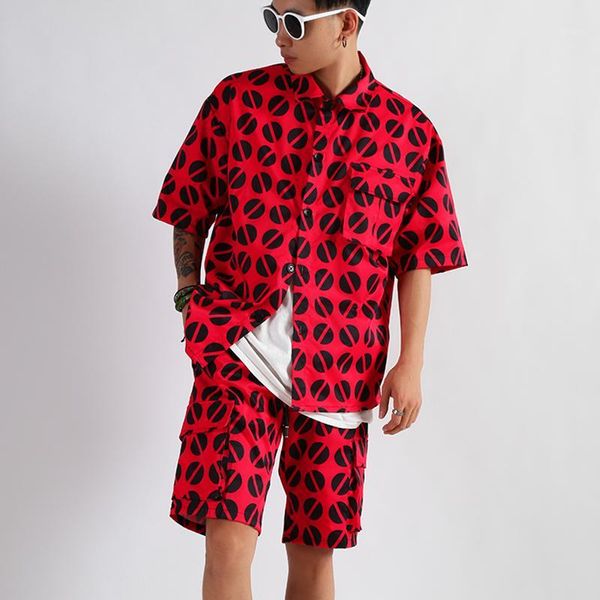 

men 2 pieces sets (shirt+shorts) male streetwear hip hop short sleeve casual shirt shorts set dancer singer stage clothing1, Gray