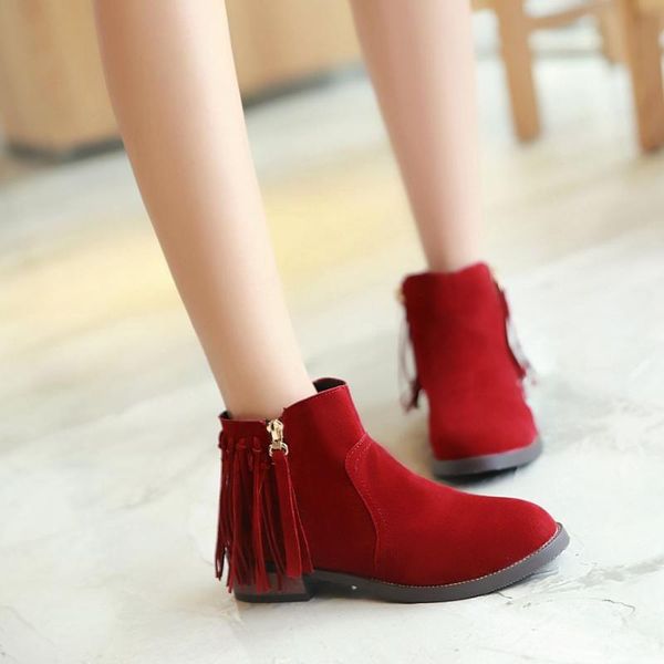 

boots big size euro-american fashionable short with round head and fringed side zipper, Black