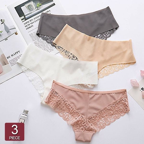 

female lace patchwork panties women seamless comfortable girls underwear ice silk solid color ladies underpants 3pcs/set y200425, Black;pink