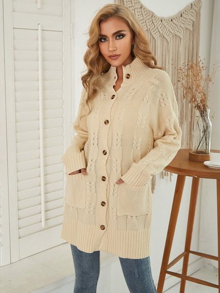 

kate kasin patch pocket button front cable knit cardigan 30qv#, White