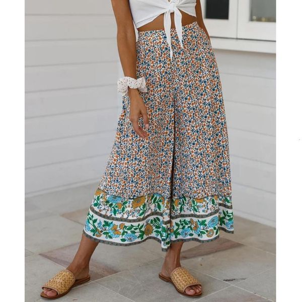 

women's summer floral geometric print elastic high waist sashes long wide leg pants loose culottes maxi trousers plus size#j30, Black;white