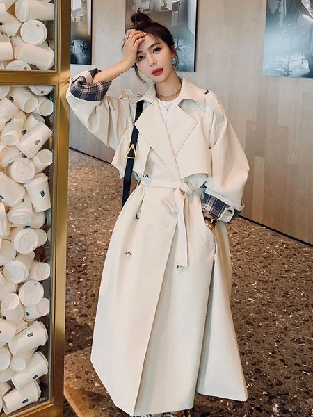 

2021 new trench female coat spring new long fashion lapel double breasted high-end fabric solid jacket tx38, Black;brown