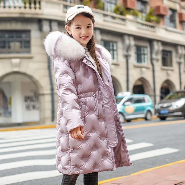 

bright color thick down jacket winter jackets girls russian winter coats two-way zipper love embroidery pattern super fur collar, Blue;gray