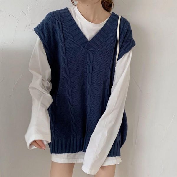 

women's vests 5 colors fashion vest v-neck sweater for women loose autumn winter casual vintage sleeveless jacket, Black;white