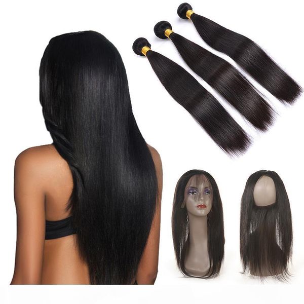 

pre plucked 360 lace frontal closure with bundles 3 pcs malaysian virgin hair with 360 lace frontal malaysian straight hair extension, Black;brown