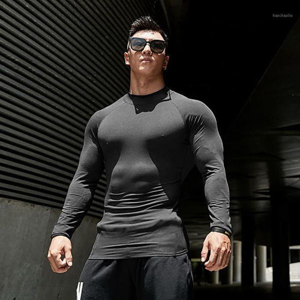 

running jerseys t shirt men compression tee long sleeve hight collar sportswear quick dry elasticity tight bodybuilding gym clothing1, Black;blue