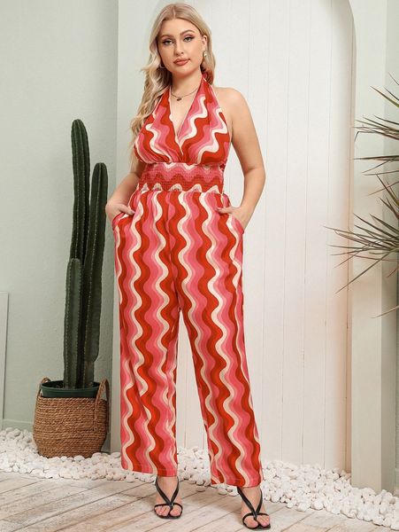 

plus wave striped backless shirred waist halter jumpsuit y9mv#, Black