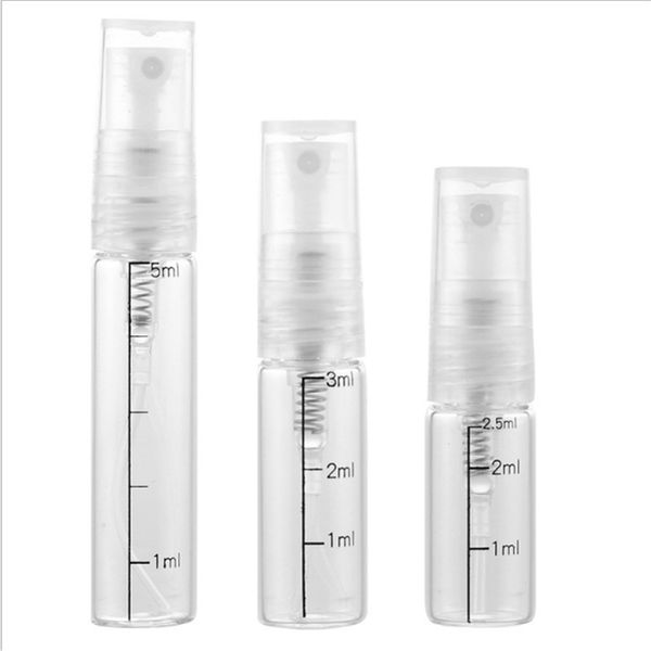 Garrafa de vidro transparente de vidro 2.5ml / 3ml / 5ml frasco de pulverização de plástico portátil Perfume do álcool de perfume do álcool do perfume com escala