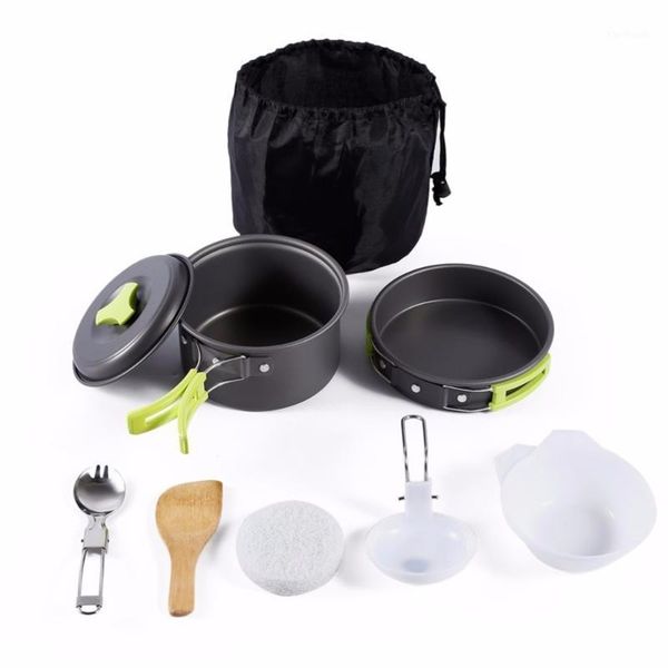 

camp kitchen 8pcs portable outdoor cooking tool picnic bbq pot pan plate cup set stainless steel tableware cutlery camping cookware set1