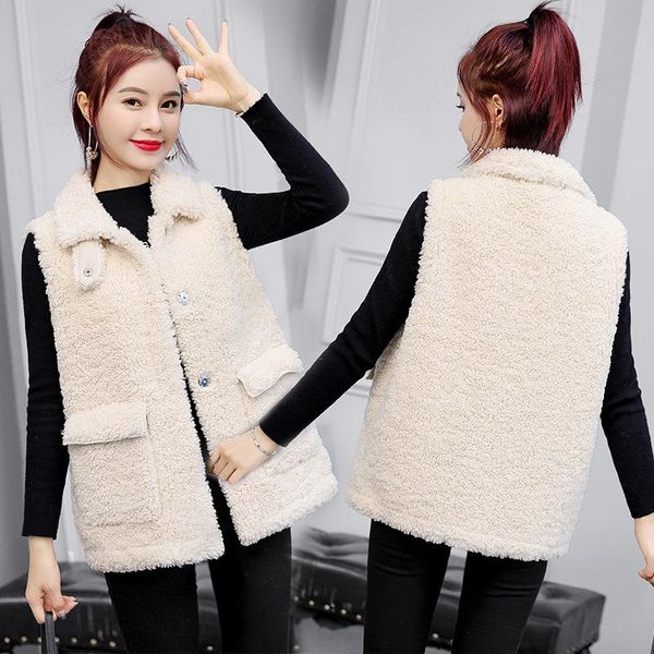 

fur vest women casual winter sleeveless coats pockets single breasted outerwears solid spring autumn plus size woman jackets, Black;white