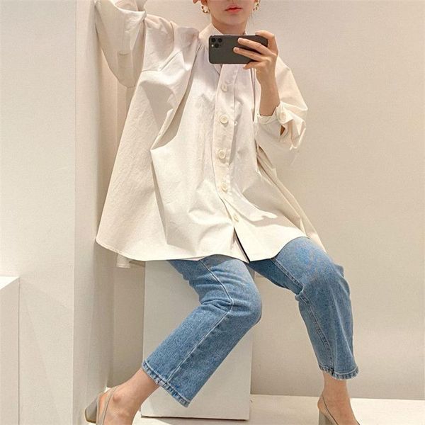 

loose white shirts women spring fall casual stand collar single breasted folds blouses oversize streetwear female clothesxxl
