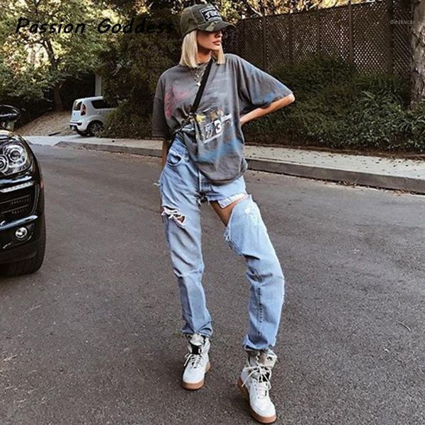 

women irregular waist straight hole jeans vintage loose high waist pants streetwear feminina jeans long pantalon ripped1, Blue