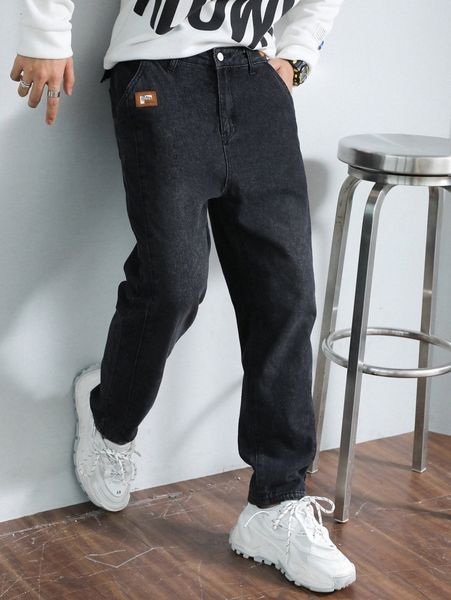 

men letter patched straight leg jeans x3fb#, Blue