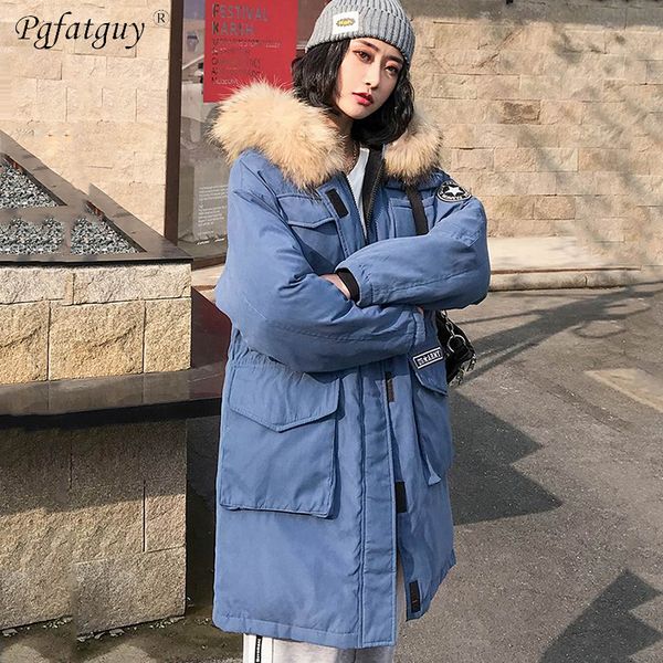 

2019 winter big fur hooded warm coats four pockets down cotton padded jackets female long parkas womens wadded jaqueta feminina, Black