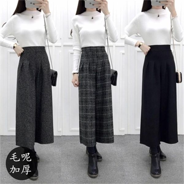 

the new autumn and winter fashion ladies woolen waist wide leg pants pantyhose korean yards wide leg casual pants straight wild y19070101, Black;white