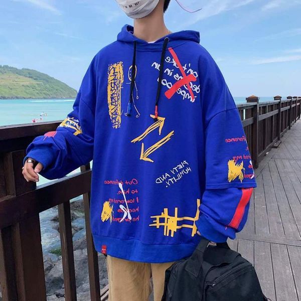 

autumn hip hop fake two piece sweater oversized hoodie korean fashion men's wear loose coat, Black