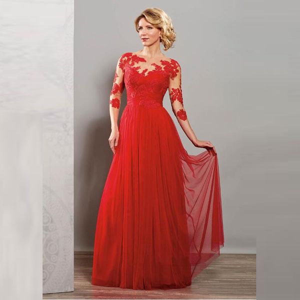 Rosso una linea Chiffon Boat Neck Neck of the Bride Abiti Abiti in pizzo Applique Abiti da sposo Madre con maniche 3/4