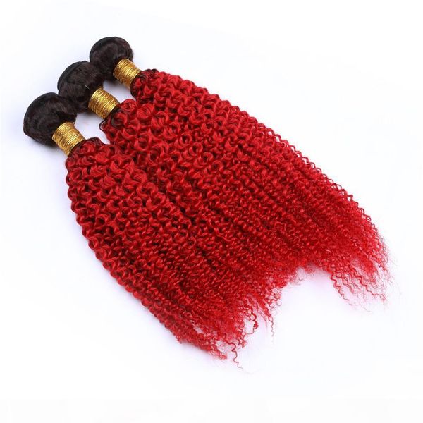 

bright red ombre dark roots virgin hair extensions peruvian kinkys curly #1b red ombre weaves human hair 3 bundles two tone hair wefts, Black;brown