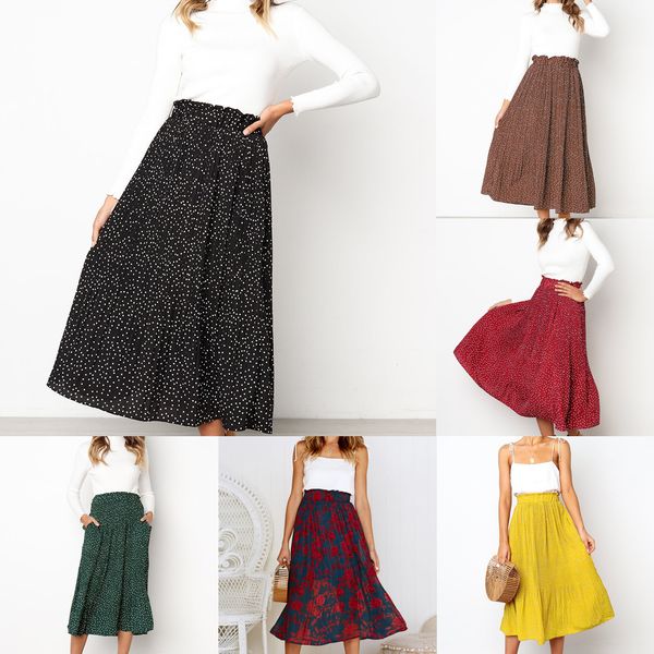 

summer casual chiffon print pockets high waist pleated maxi skirt womens long skirts for women q1209, Black