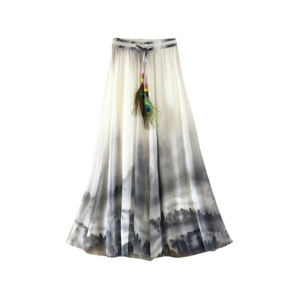 

новый летний бич богемные женщины шифон цветок печать drawstring maxi лонг юбка падение доставка хорошего качества, Black