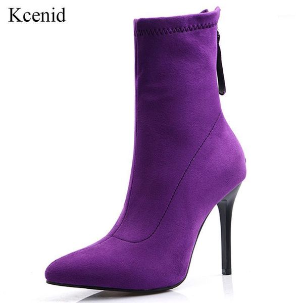 

kcenid autumn winter stiletto boots women shoes zip stretch flock female shoes pointed toe high heel ankle boots for women1, Black