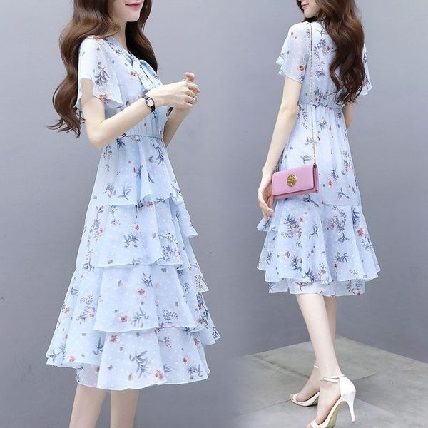 

new summer dress of 2019 korean version printed chiffon dress with long style and thin fragmented cake dress, Black;gray