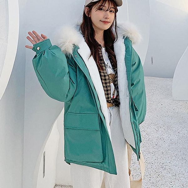 

2019 winter fashion outerwear long sleeve hooded jackets cotton-padded pockets coats plus velvet super warm women's down jacket, Black