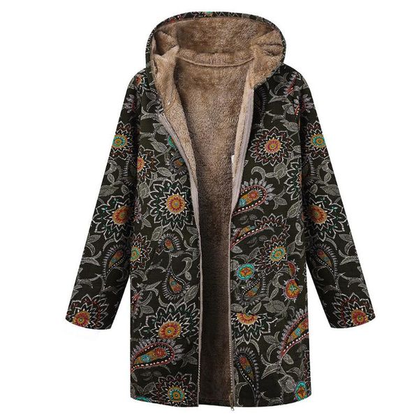 

plus size women vintage zipper ethnic print hooded fleece long sleeve coat new warm jacket windproof outdoor chaqueta #g955, Black;brown