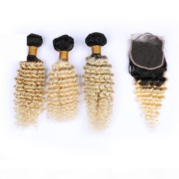 

brazilian ombre weave hair human bundles deep wave with closure ombre weave human hair bundles with closure #1b #613, Black;brown