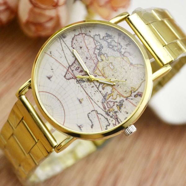 

dial korean version simple leisure map men's watch gold belt women's fashion quartz watch, Slivery;brown