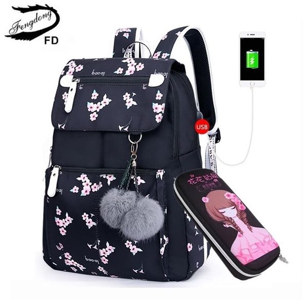 FengDong Kinder Schwarz Rosa Blumen Schulrucksack Kinder Schultaschen für Mädchen Student Mädchen Niedlicher Stift Bleistiftbeutel Set Dropshipping LJ201225