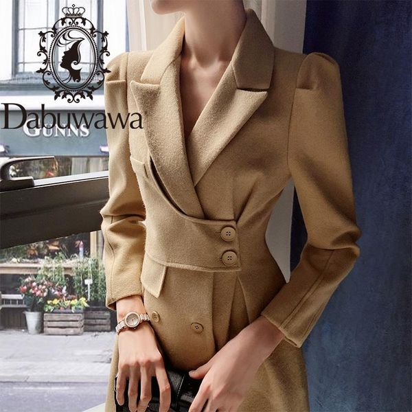 

women's wool & blends dabuwawa elegant office lady autumn winter long coat women solid outwear belt coats outfits puff sleeve pocket dt, Black