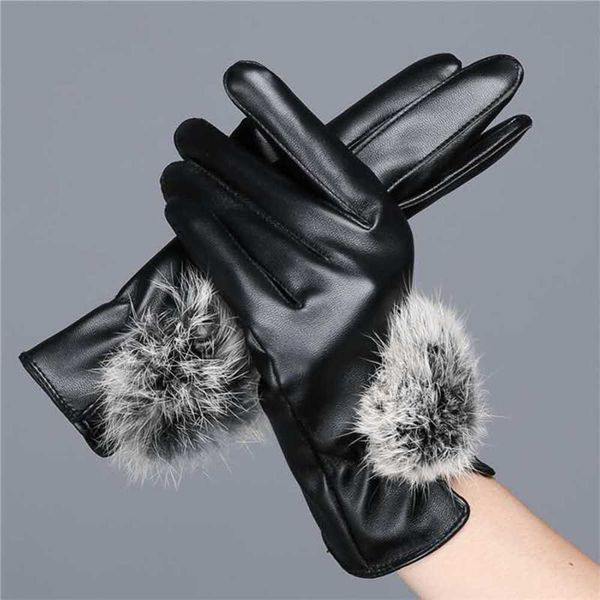 

women' t autumn and winter warm leather touch screen rabbit hair gloves, Blue;gray