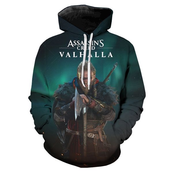 

assassins creed valhalla 3d hoodies fashion game harajuku oversized hooded sweatshirts men women winter casual cool pu c0127, Black