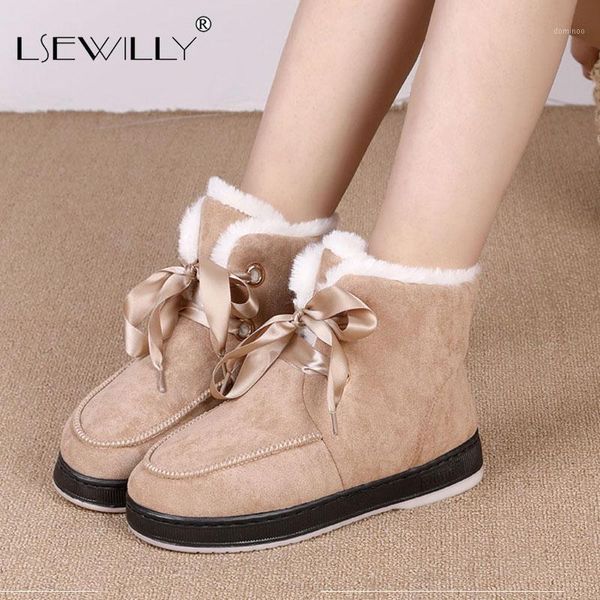 

lsewilly snow winter plush keep warm flat with ankle boots cross-tied big size 44 flock low heels non-slip women shoes1, Black