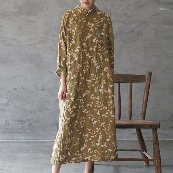 

johnature 2019 autumn new retro comfortable floral print stand plate buckle dress loose leisure long sleeve women fashion dress1, Black;gray