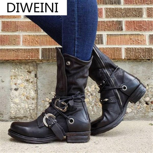 

2020 зимних женщины среднего теленок сапоги мода платформа сапоги ретро молния пряжки для женщин ladies вскользь теплых ботинки botas mujer, Black