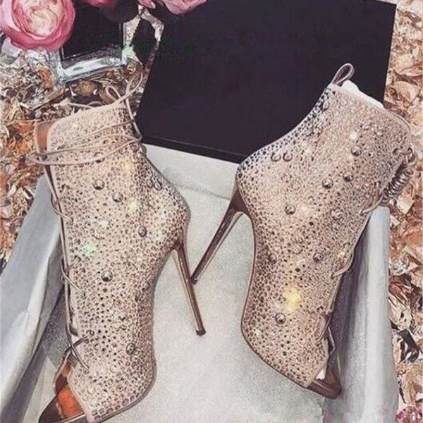 

peep toe ladies lace up ankle capa strass luxo women mode high heeled boots dressed in leap clothes from the metal shoe party zks9, Black