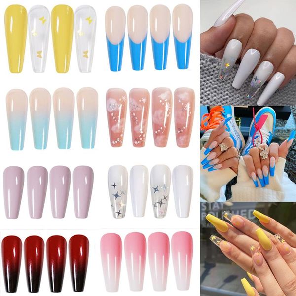 

24pcs detachable fake nails long ballerina coffin half french acrylic nail tips press on nails full cover manicure beauty tools, Red;gold