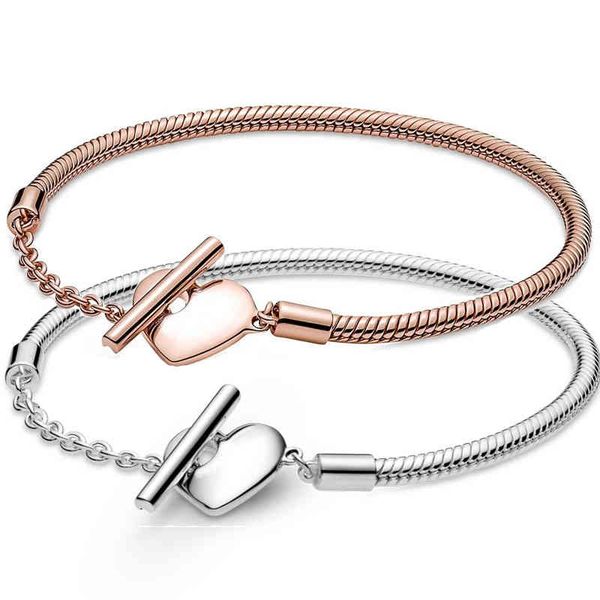 

rose & silver moments heart t-bar snake chain bracelet 925 sterling bangle fit europe bead charm diy jewelry, Golden;silver