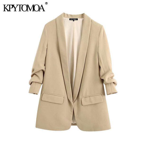 

kpytomoa women fashion office wear basic blazer coat vintage rolled-up sleeves pockets female outerwear chic 201114, White;black