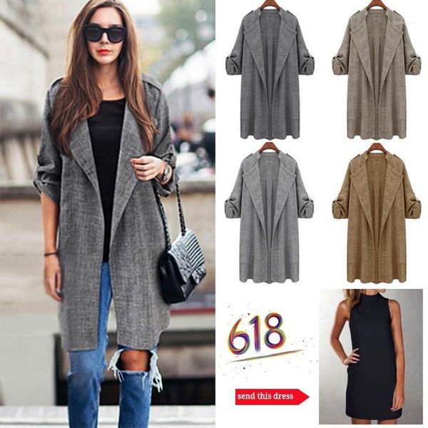 

womens trench coats 2020 spring new fashion casual plaid long coat turn-down collar women clothing plus size female lace up1, Tan;black