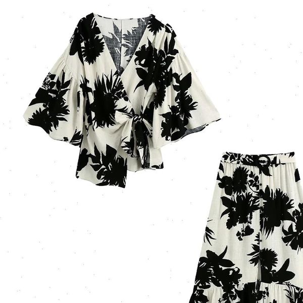 

2021 new summer women two piece set printed tied amp midi skirt with belt asymmetric hem ensemble femme chandal mujer, Gray