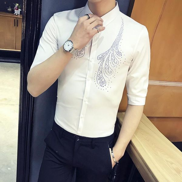 

new half sleeve mens shirts luxury petal diamond solid color mens dress shirts hight quality party nightclub male, White;black