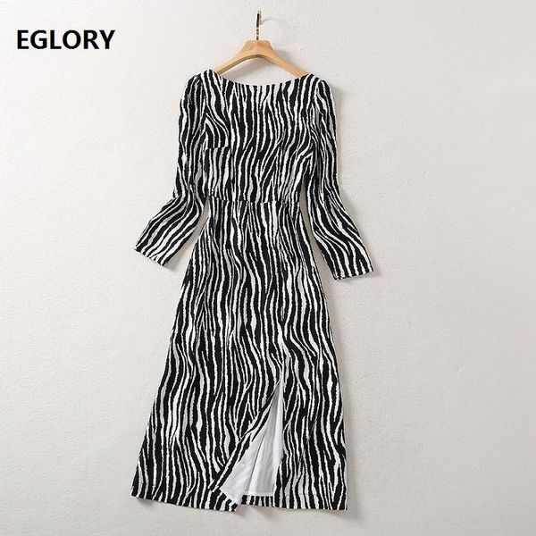 

v back dress 2021 spring runway style women o-neck striped print split long sleeve mid-calf casual designer dress, Black;gray