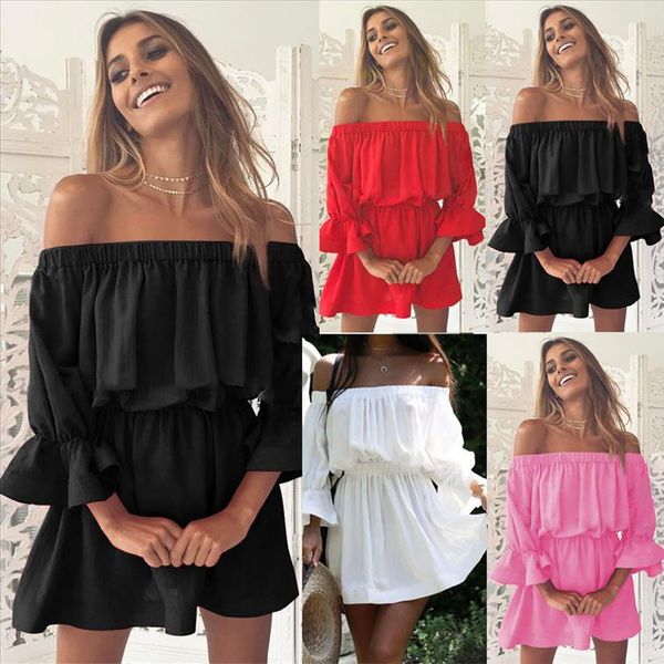 

2019 women dresses summer flare sleeve off shoulder bandage solid color sundress casual holiday dress w0619, Black;gray