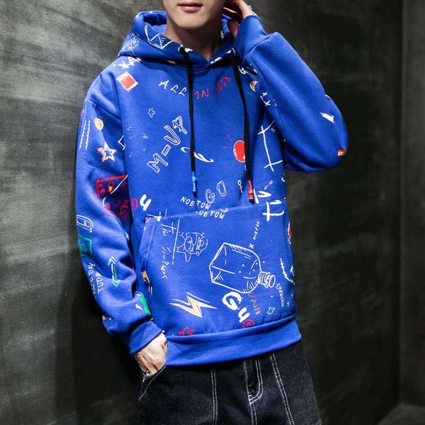 

casual youth men's autumn hooded printed sweater fashion large pullover, Black
