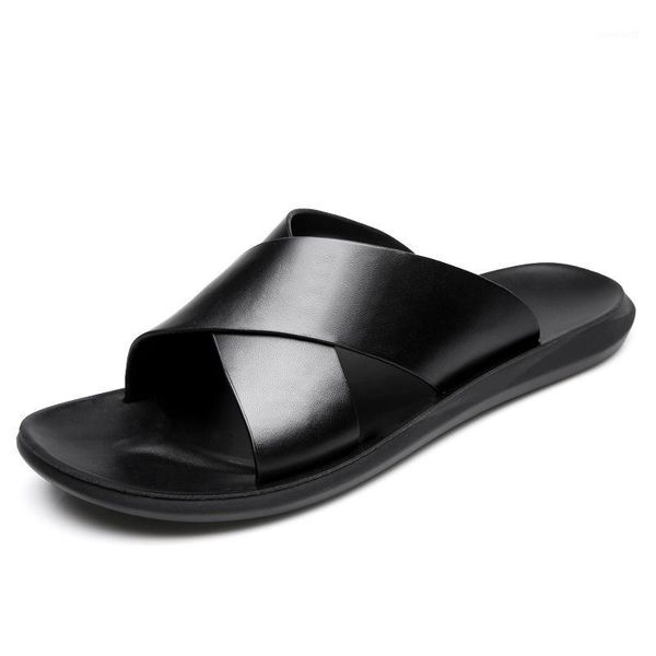 

new men's slipper summer non-slip leather slippers casual sandals beach shoes male soft black flip flops footwear1